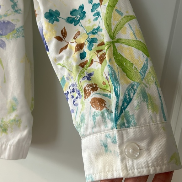 VTG Watercolor Floral Print White Cotton Twill/Sailcloth Jacket w Pockets - Picture 11 of 11